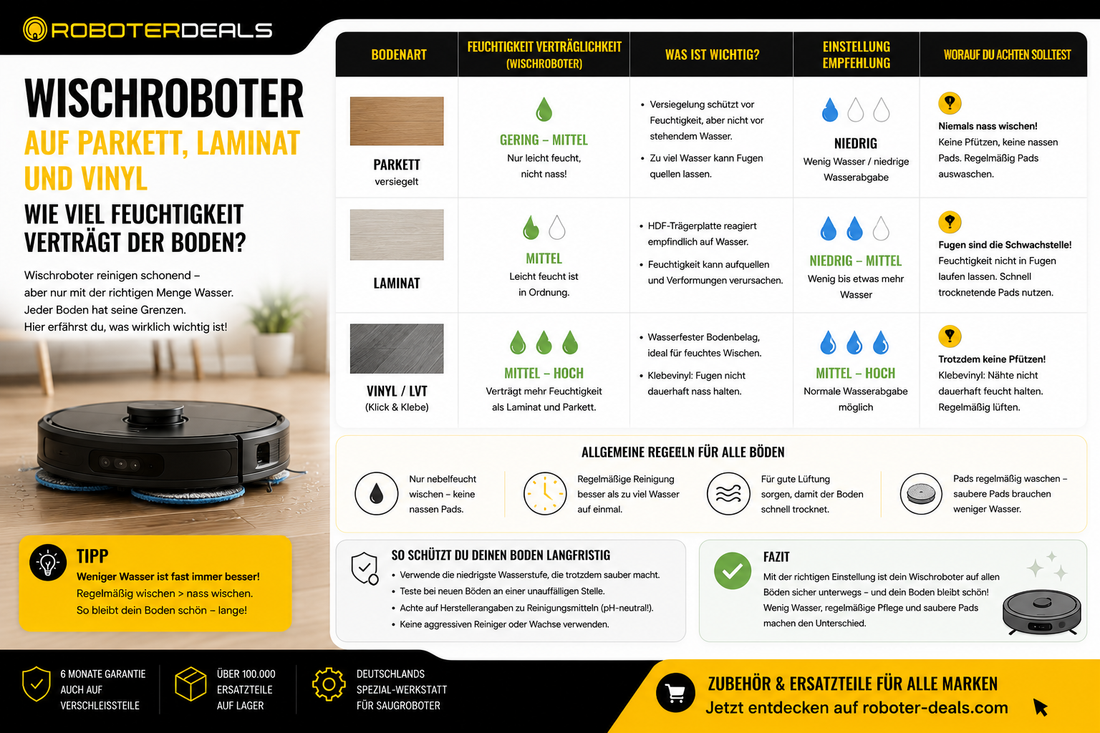Wischroboter auf Parkett, Laminat und Vinyl – wie viel Feuchtigkeit verträgt der Boden?