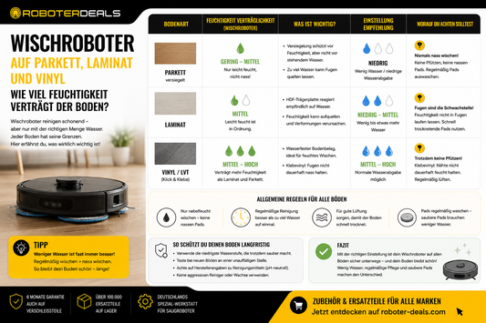 Wischroboter auf Parkett, Laminat und Vinyl – wie viel Feuchtigkeit verträgt der Boden?