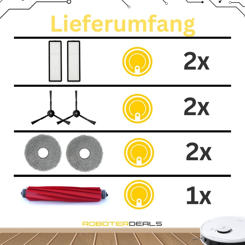 Zubehör Set, Ersatzteile für Roborock Q Revo Pro (2x Filter, 2x Pad, 2x Seitenbürste in schwarz, 1x Hauptbürste)