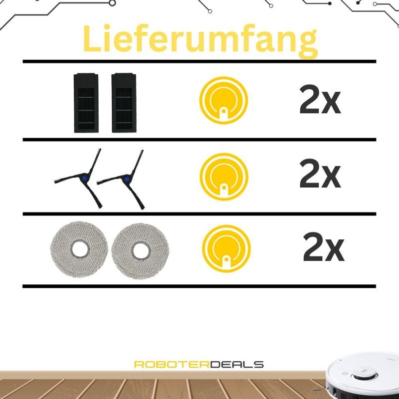 Zubehör Set, Ersatzteile für Ecovacs Deebot X2 COMBO (2x Seitenbürste, 2x Pad, 2x Filter)