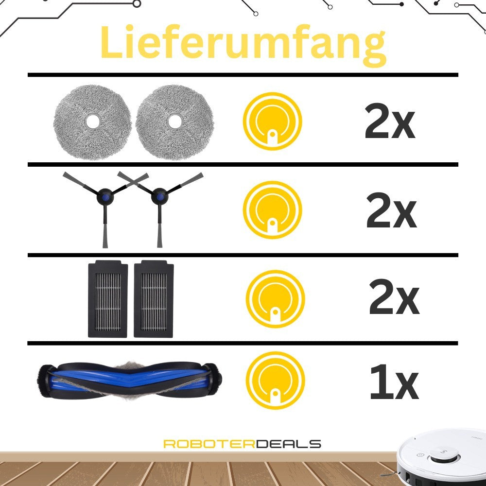 Zubehör Set, Ersatzteile für Ecovacs Deebot T50 Pro Omni, T50 Max Pro Omni (2x Filter, 2x Seitenbürste, 2x Pad, 1x Hauptbürste)
