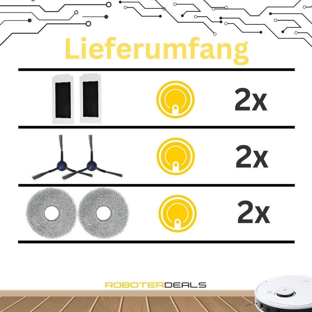 Zubehör Set, Ersatzteile Kit für Ecovacs Deebot T30e Omni (2x Filter, 2x Seitenbürste, 2x Pad)