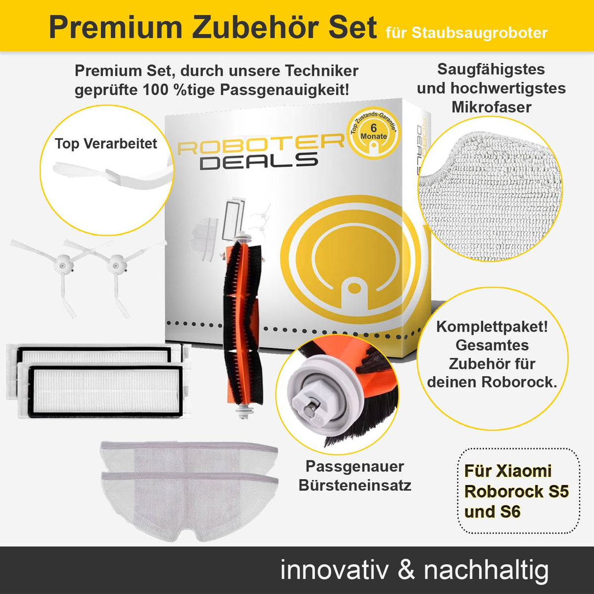 Zubehör Set, Ersatzteile für Roborock S5, S5 MAX, S6, S6 Pure, S6 MAX (1x Hauptbürste, 2x Seitenbürste, 2x Filter, 2x Pa