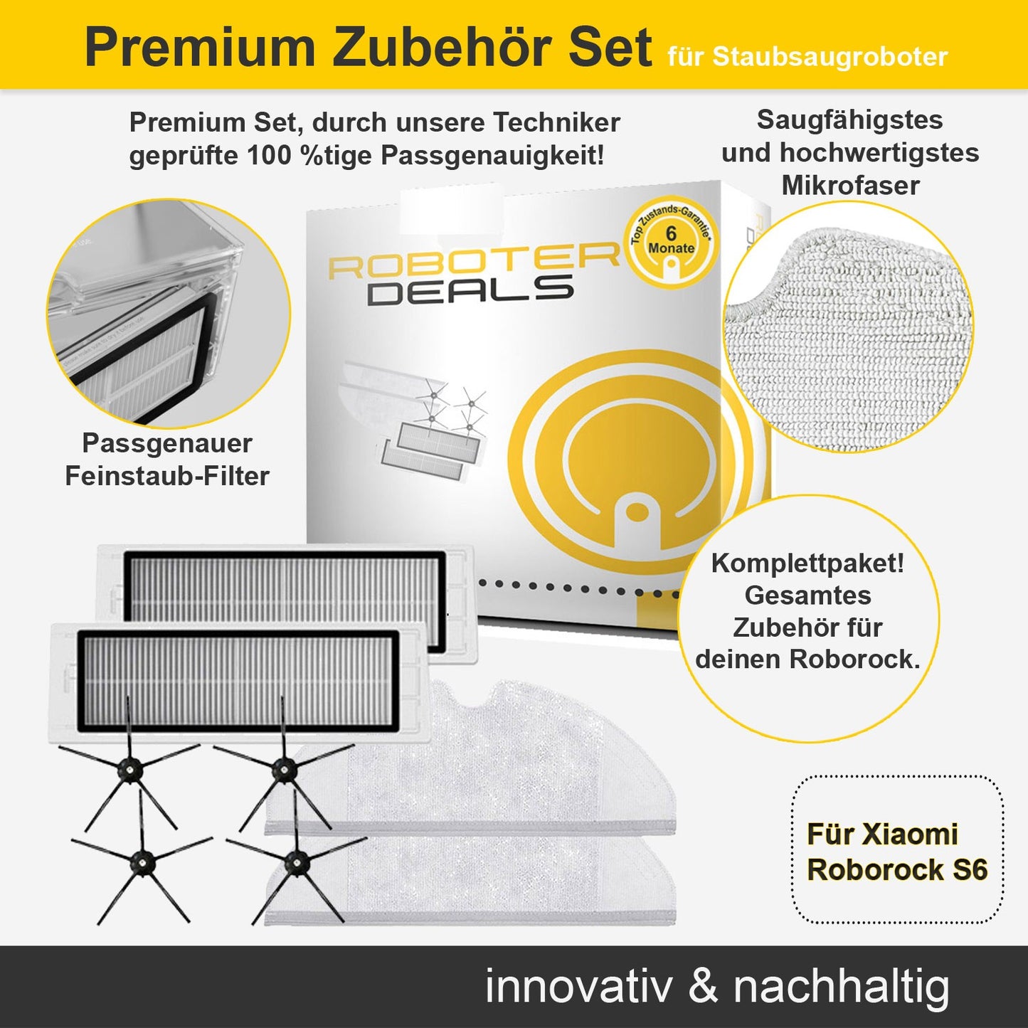 Zubehör Set, Ersatzteile Kit für die Roborock S6, S6 MAX, S6 Pure (2x Filter, 4x Seitenbürste, 2x Pad)