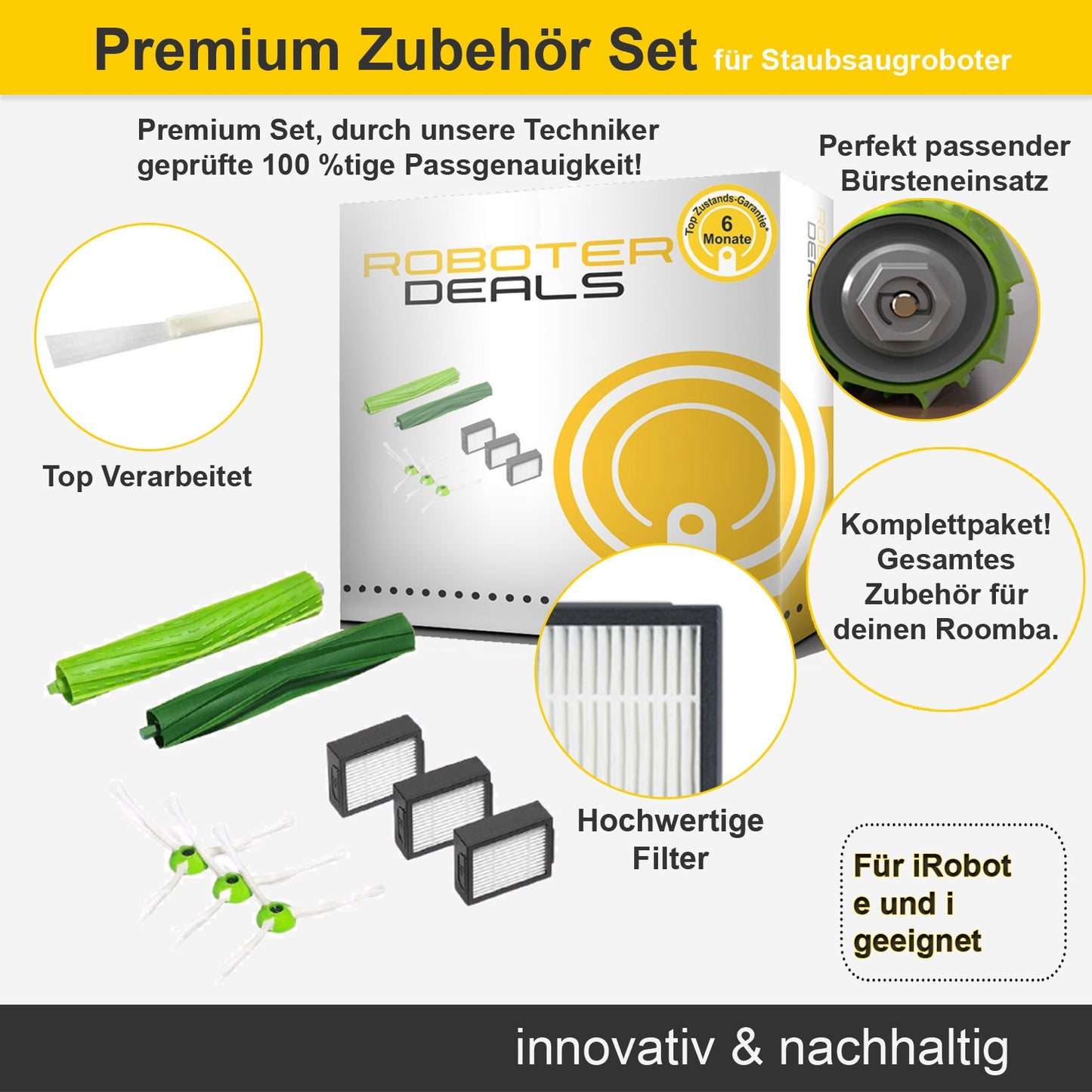 Zubehör Set, Ersatzteile Kit für iRobot Roomba i1, i3, i3 Plus und i4+ (3x Seitenbürsten, 3x Filter, 2x Hauptbürste)