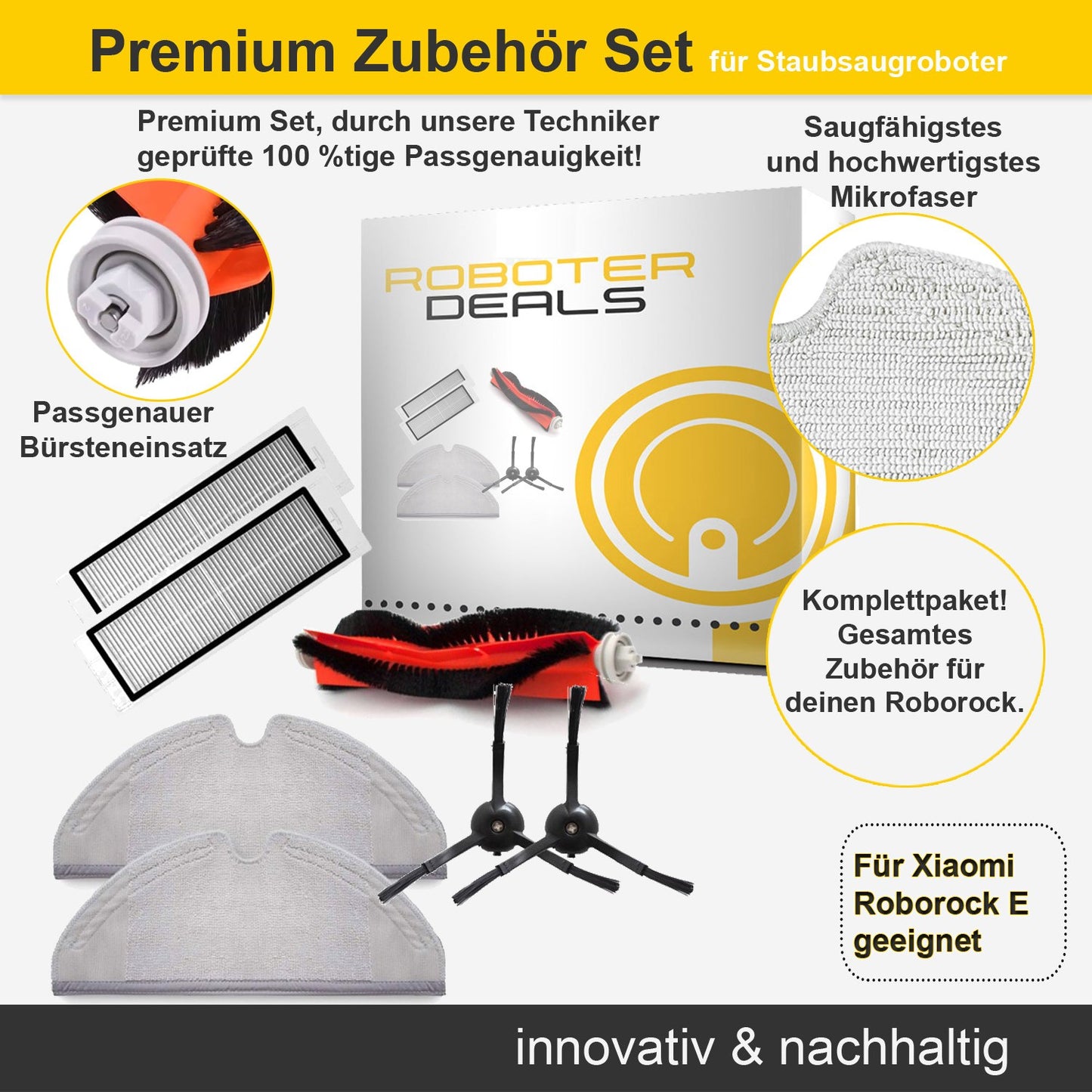 Zubehör Set, Ersatzteile Kit für Roborock E2, E3, E4 (2x Seitenbürsten, 2x Pad, 2x Filter, 1x Hauptbürste)