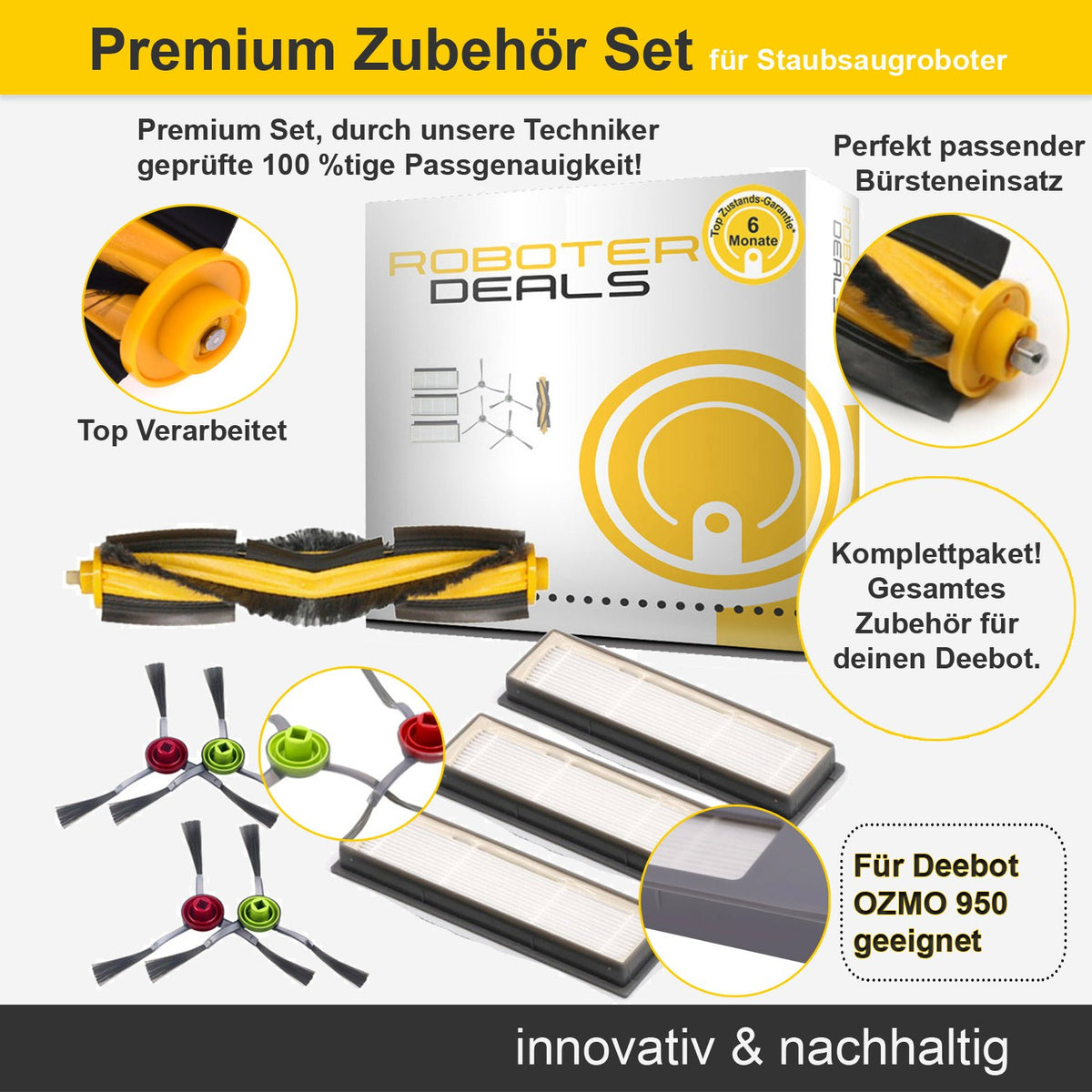 Zubehör Set, Ersatzteile Kit für Ecovacs Deebot OZMO 950, 920 (passend zu DX5G-KTA) 4x Seitenbürste, 3x Filter, 1x Haupt