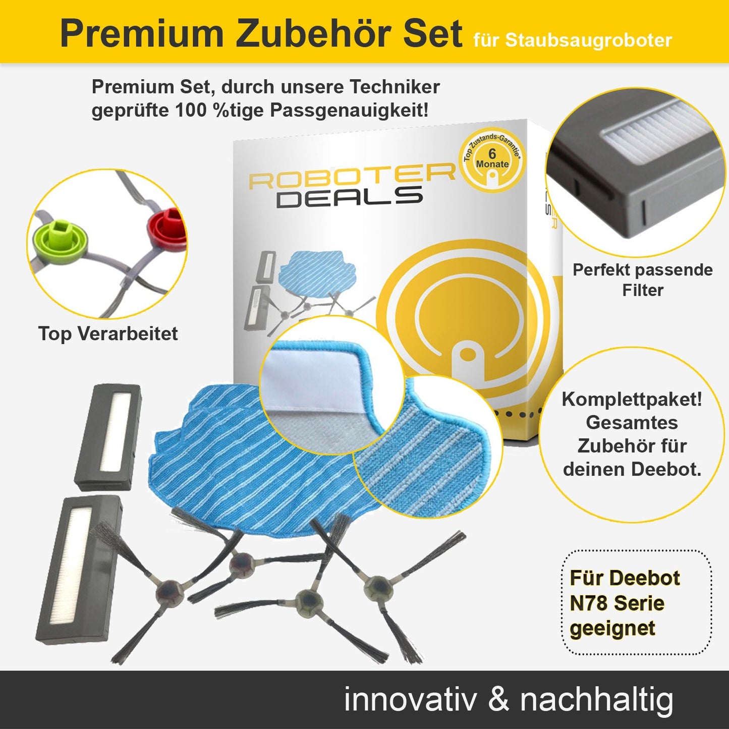 Zubehör Set, Ersatzteile Kit für Ecovacs Deebot N78 (2x Filter, 4x Seitenbürste, 2x Pad)