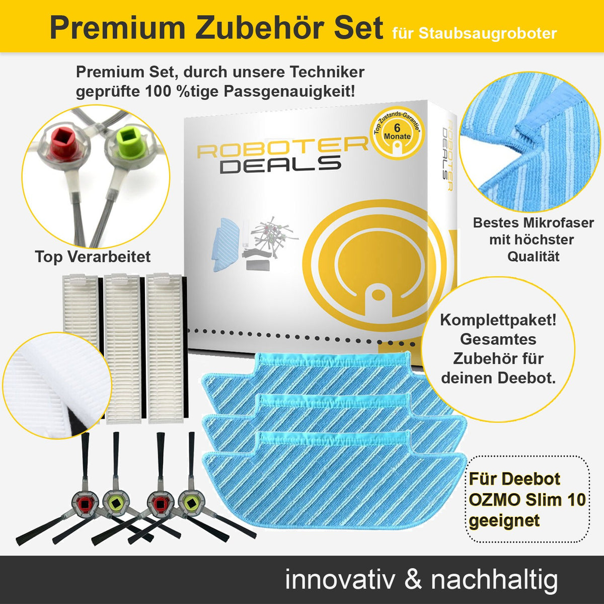 Zubehör Set, Ersatzteile Kit für Ecovacs Deebot Slim OZMO 10 (3x Pad, 4x Seitenbürste, 3x Filter)
