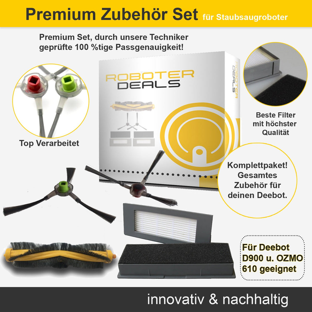 Zubehör Set, Ersatzteile Kit für Ecovacs Deebot 900 u. D900 (2x Seitenbürsten, 2x Filter, 1x Hauptbürste)