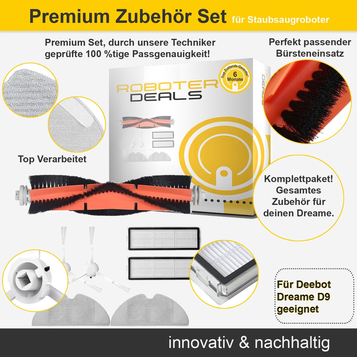 Zubehör Set, Ersatzteile Kit für Dreame F9, Dreame D9 u. Mistral (2x Filter, 1x Hauptbürste, 2x Pad, 2x Seitenbürste)