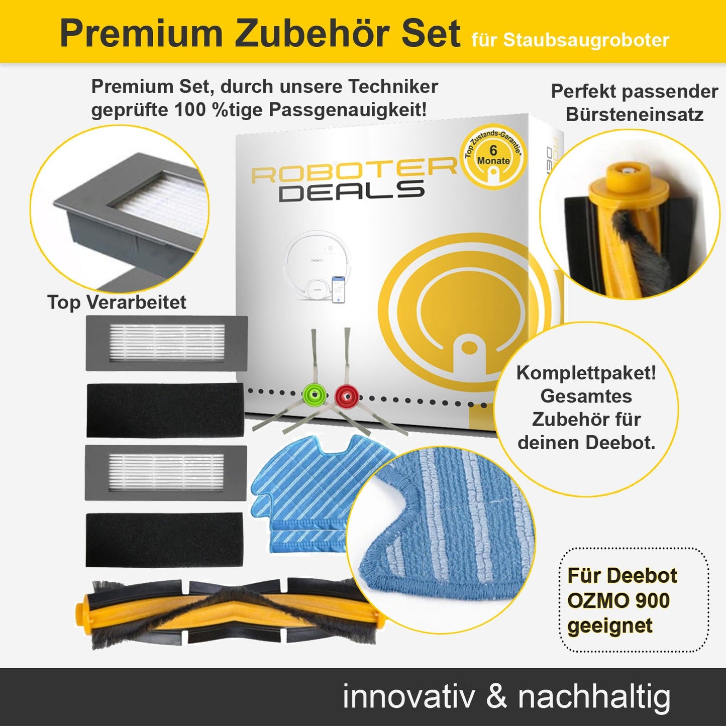 Zubehör Set, Ersatzteile Kit für Ecovacs Deebot OZMO 900 (2x Filter, 2x Seitenbürste, 2x Pad, 1x Hauptbürste)