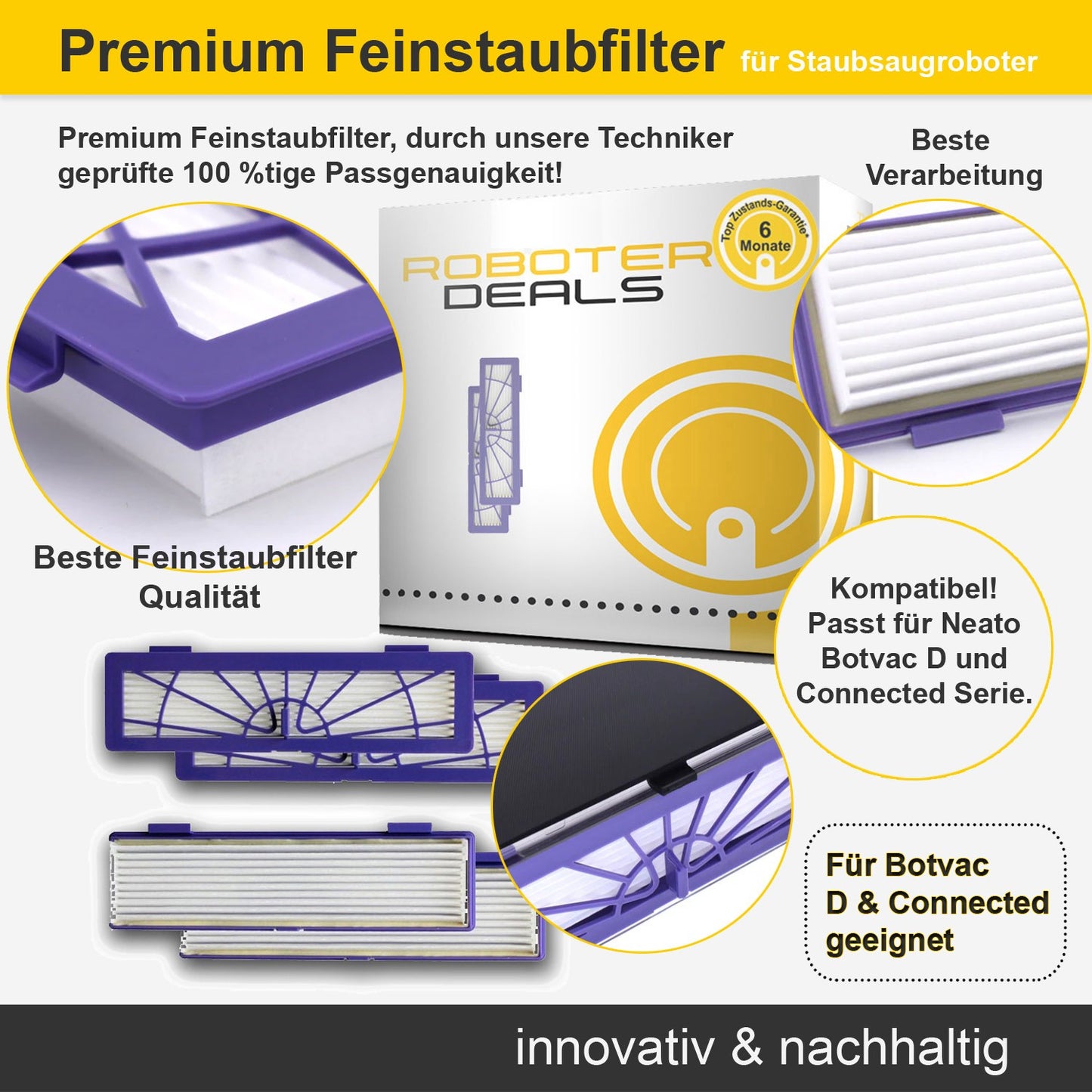 Zubehör Set, Ersatzteile Kit für Neato Botvac D Serie (2x Seitenbürsten, 4x Filter)