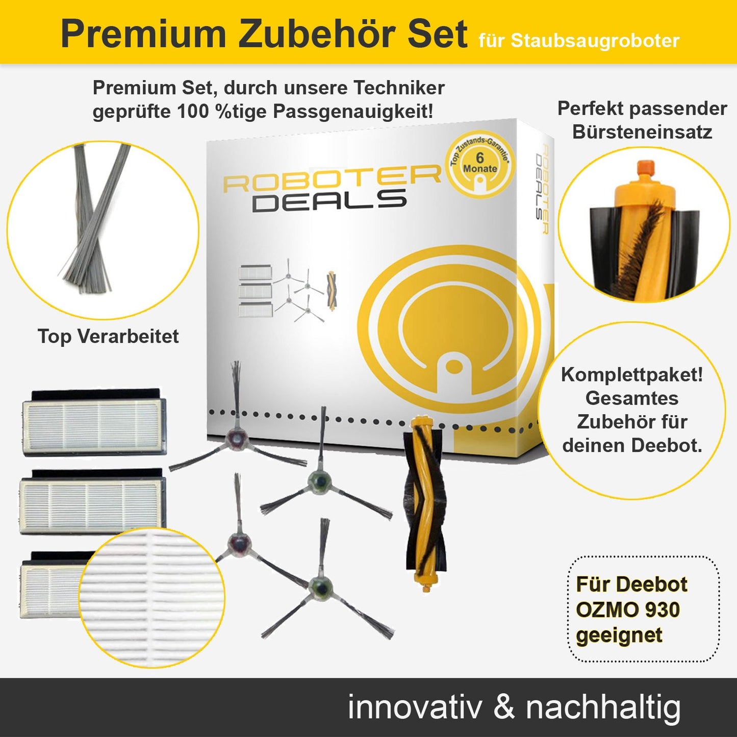 Zubehör Set, Ersatzteile Kit für Ecovacs Deebot OZMO 930 (passend DG3G-KTA) (3x FI, 4x SB, 1x HB)