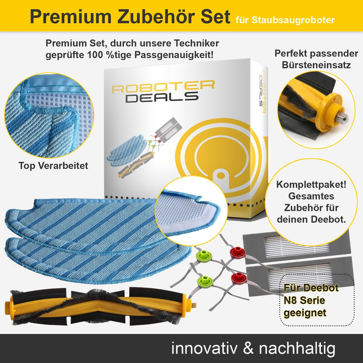 Zubehör Set, Ersatzteile Kit für Ecovacs Deebot N8, N8 Plus, N8 Pro, N8 Pro Plus (1x Hauptbürste, 2x Filter, 2x Wischpad