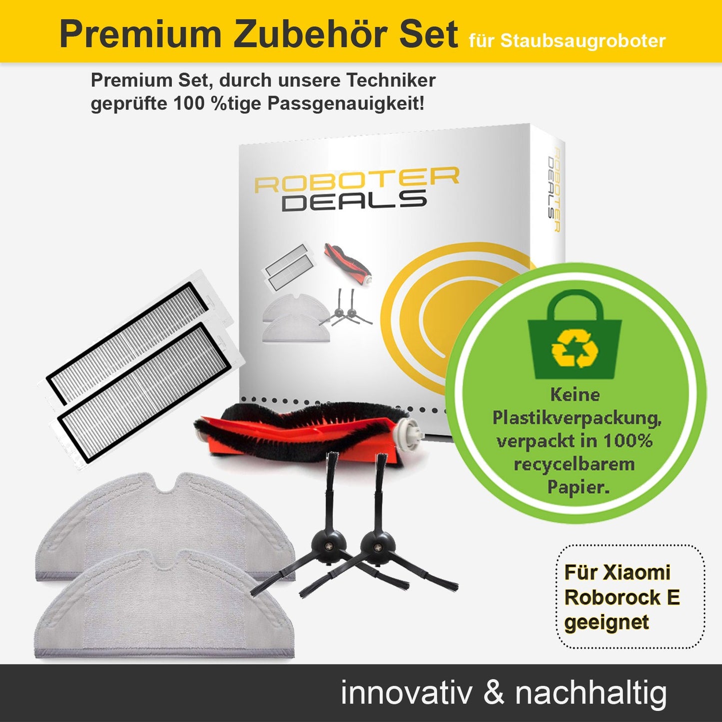 Zubehör Set, Ersatzteile Kit für Roborock E2, E3, E4 (2x Seitenbürsten, 2x Pad, 2x Filter, 1x Hauptbürste)
