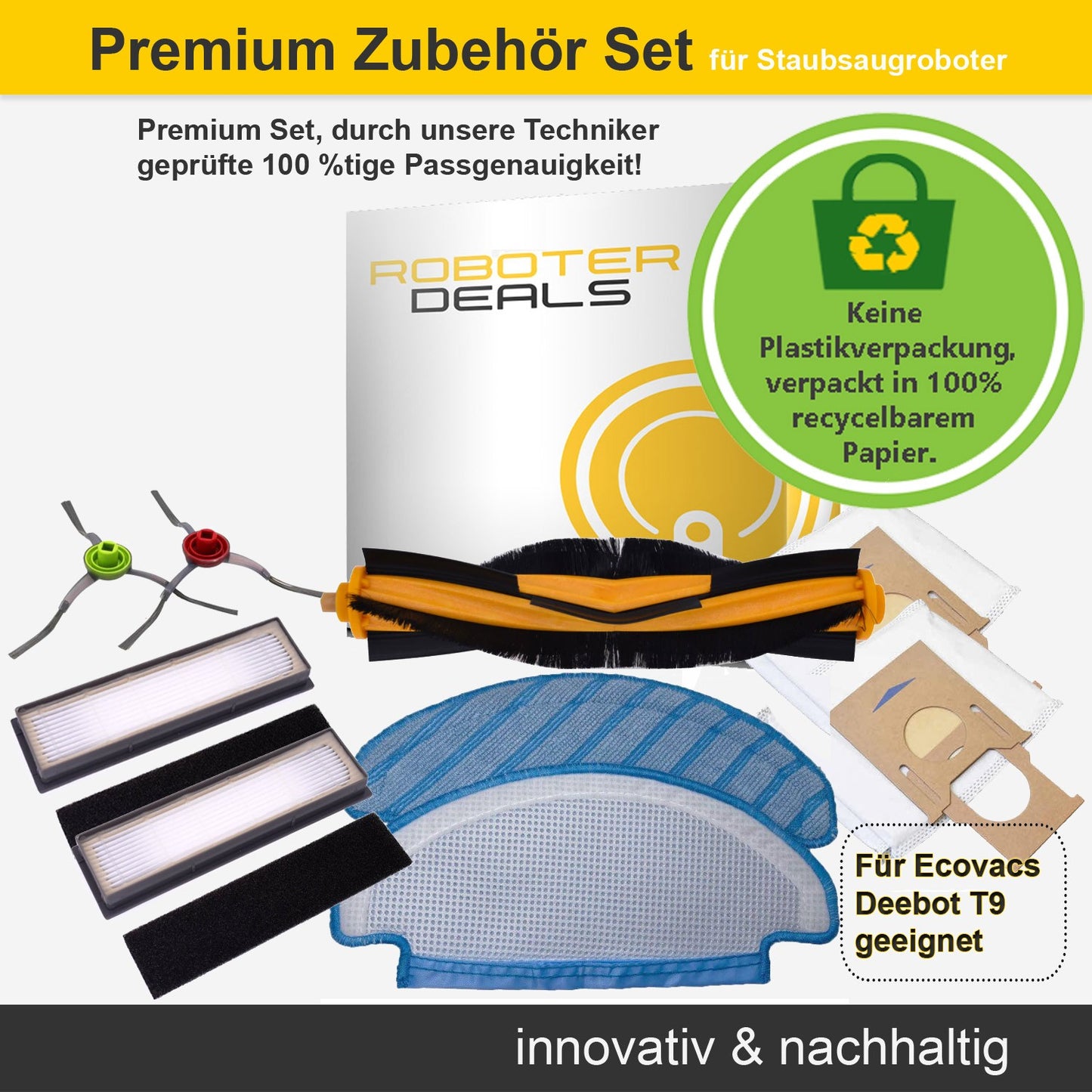 Zubehör Set, Ersatzteile Kit für Ecovacs Deebot T9 Plus (2x Staubbeutel, 2x Pad, 2x Filter, 2x Seitenbürsten, 1x Hauptbürste)