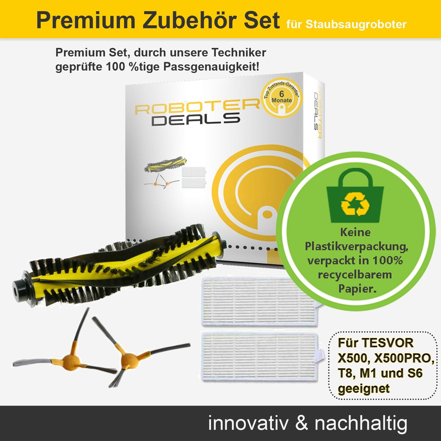 Zubehör Set (Ersatzteile) für Tesvor X500, X500Pro, T8, M1, S4, S6, A1 (2x Seitenbürsten, 1x Hauptbürste, 2x Filter)