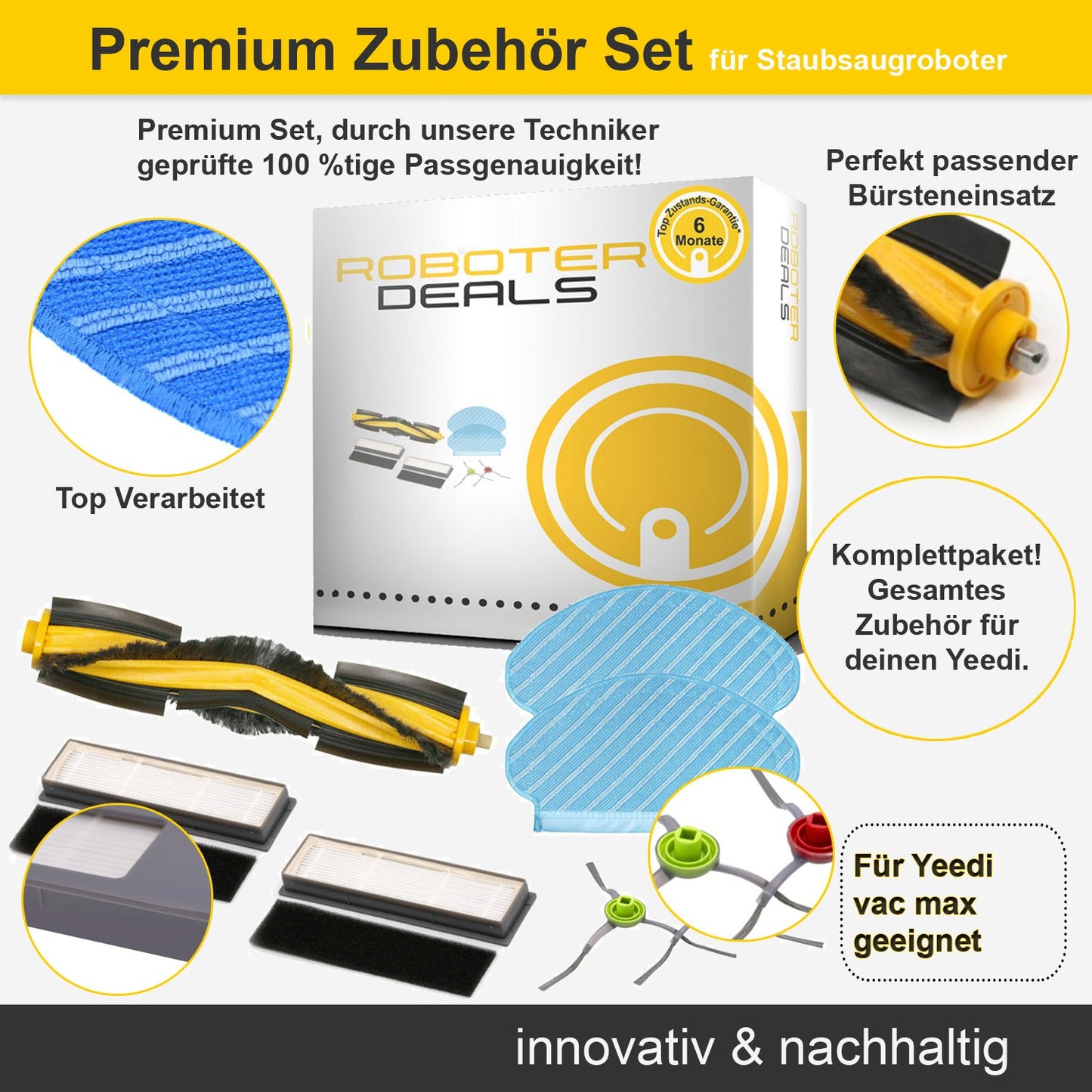 Zubehör Set, Ersatzteile Kit für Yeedi vac max (2x Pad, 2x Seitenbürste, 1x Hauptbürste, 2x Filter)
