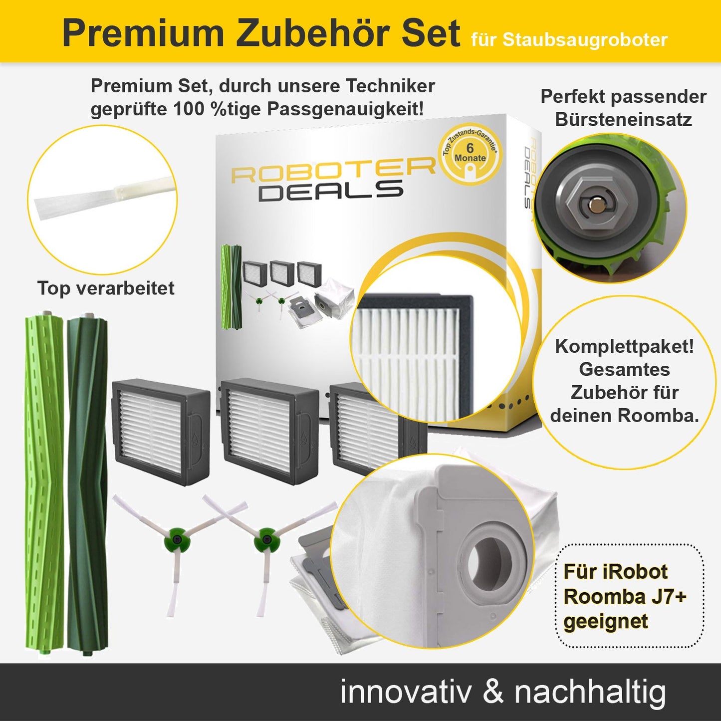 Zubehör Set, Ersatzteile Kit für iRobot Roomba j7 Plus (2x Seitenbürste, 2x Hauptbürste, 3x Filter, 2x Staubbeutel)