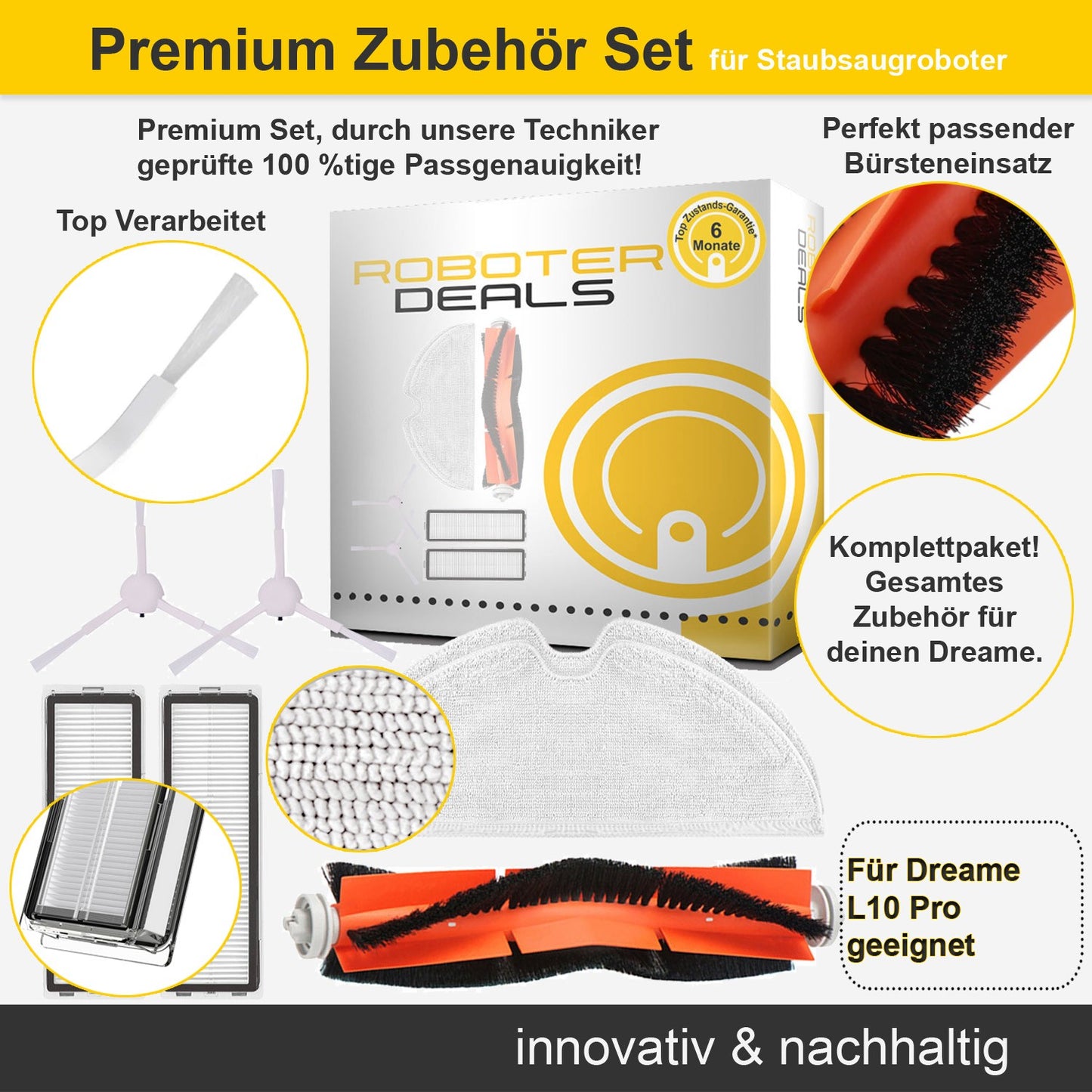 Zubehör Set, Ersatzteile Kit für Dreame L10 Pro (1x Hauptbürste, 2x Filter, 2x Pad, 2x Seitenbürste)