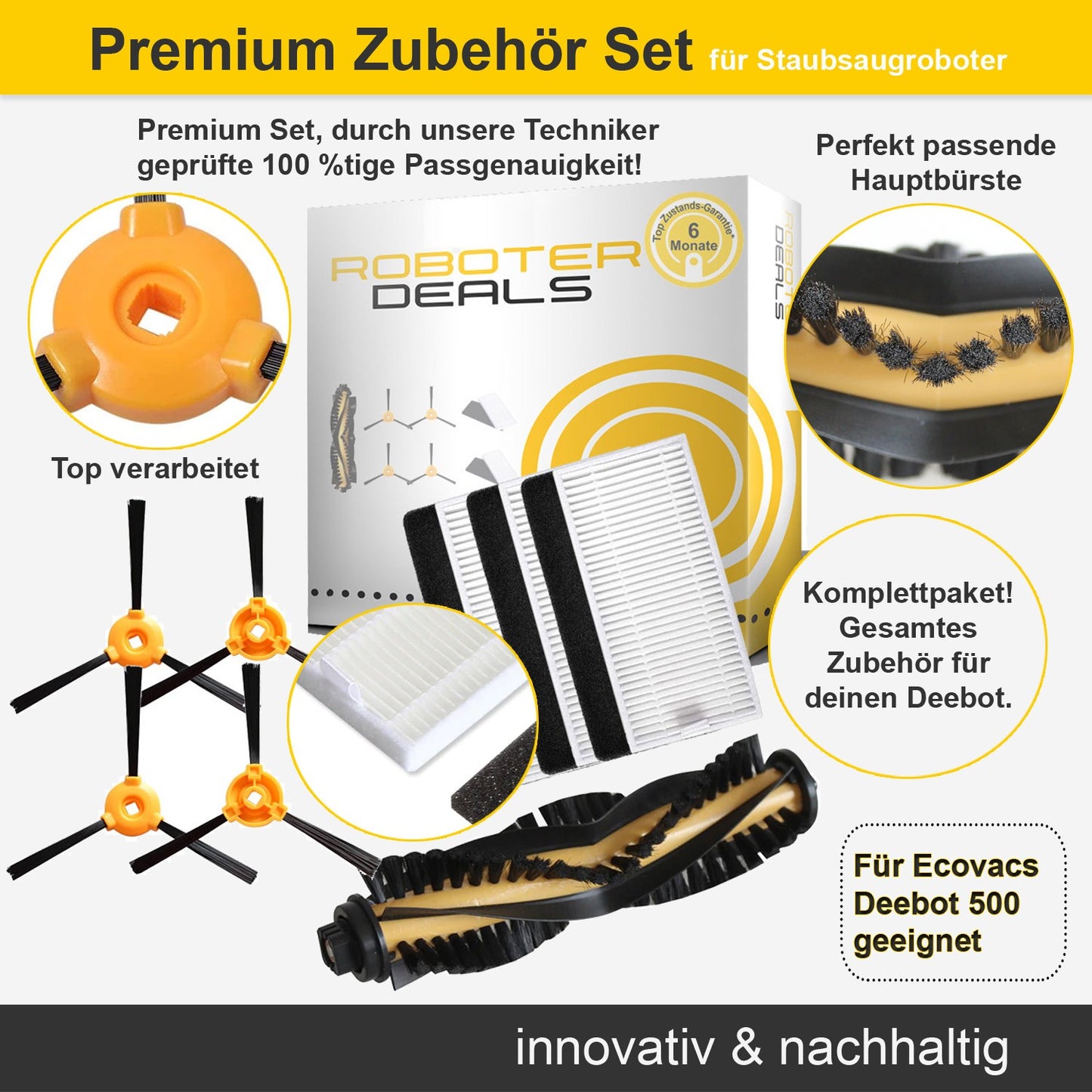 Zubehör Set, Ersatzteile Kit für Ecovacs Deebot 500 und 501 (3x Filter, 4x Seitenbürste, 1x Hauptbürste)