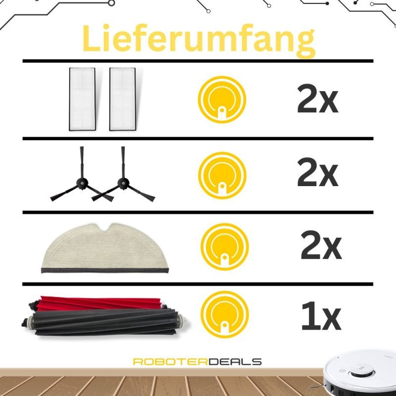 Zubehör Set für Roborock Q5, Q5 Plus, Q5 Pro, Q5 Pro Plus, Q5 Max Plus (2x Hauptbürste, 2x Seitenbürste, 2x Filter, 2x Pad)