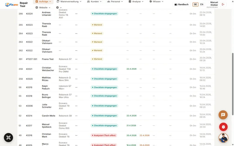 Fixano — Auftragsliste mit Live-Status